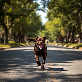 czekoladowy labrador biegnący po ulicy